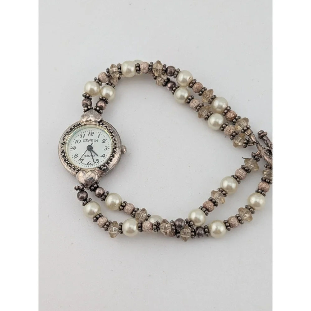 Geneva Silvertone Heart Bracelet Watch with Pearl Beads
